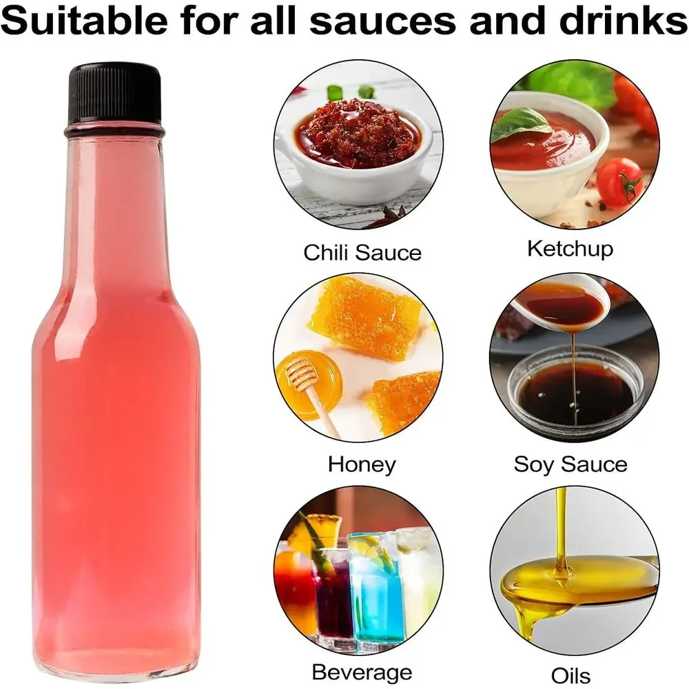 30 Pack Sauce Bottles, 5oz Clear, Black Caps, Snap On Dripper Inserts, Labels